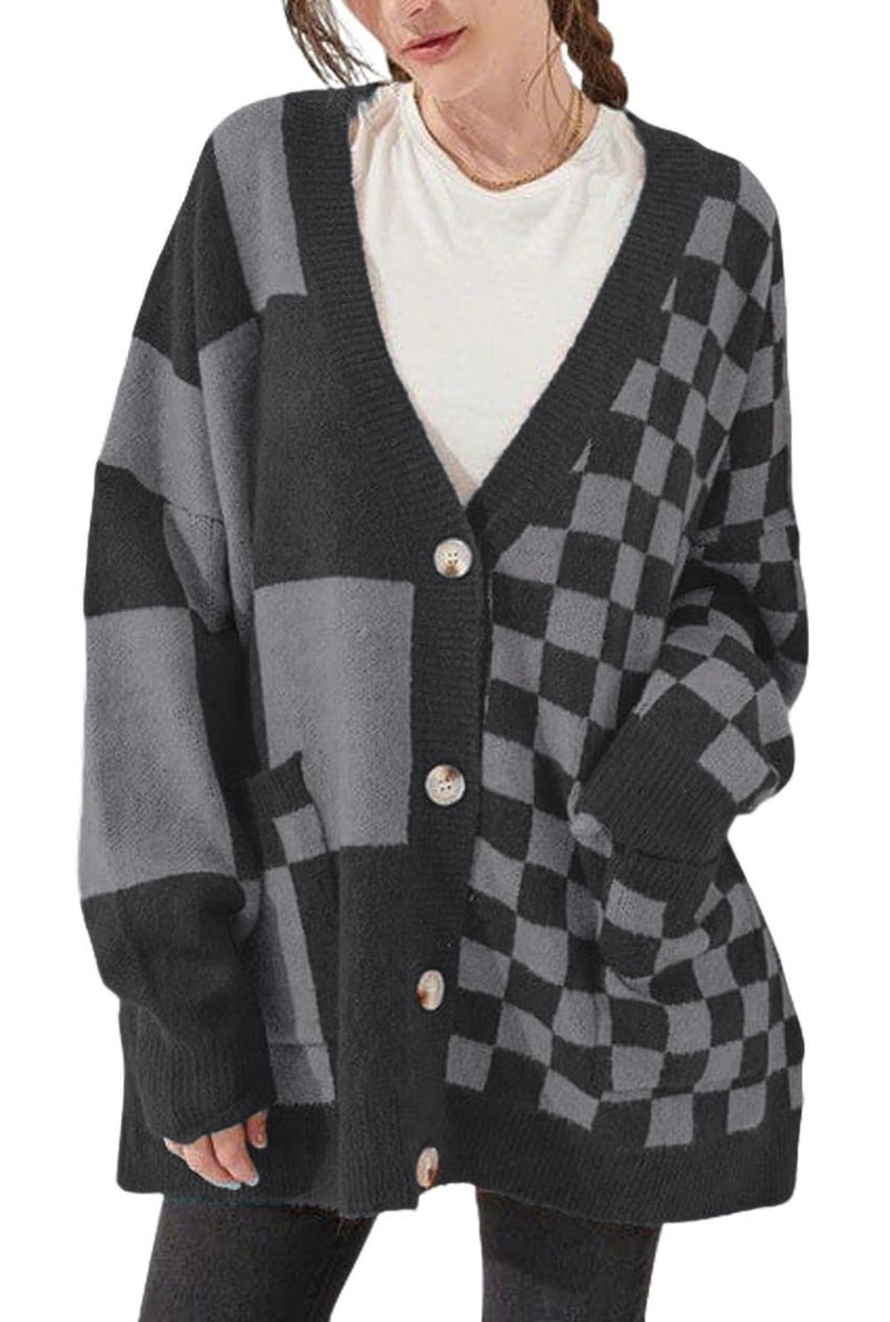 CHARTOU Women Slouchy Checkered Cardigan Oversized Open Front Cardigan Sweater Plaid Knit Outwear Coat(XX-Large,Grey) - Image 1