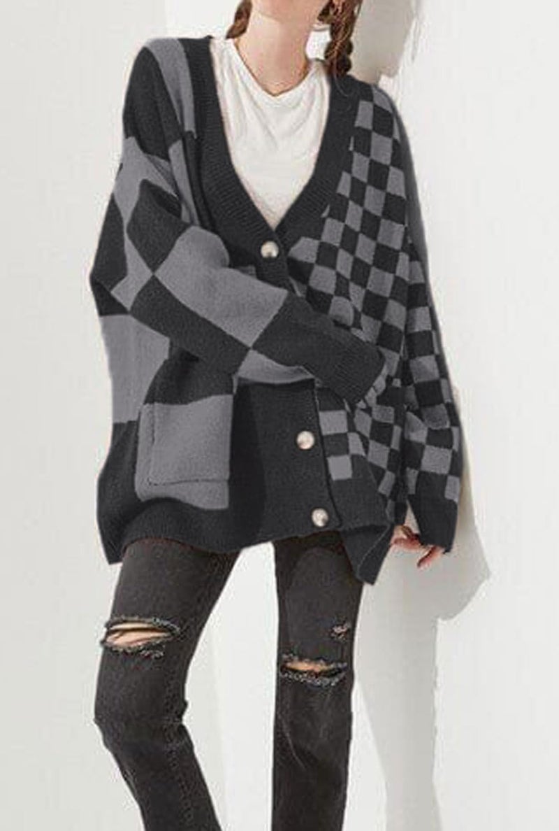 CHARTOU Women Slouchy Checkered Cardigan Oversized Open Front Cardigan Sweater Plaid Knit Outwear Coat(XX-Large,Grey) - Image 2
