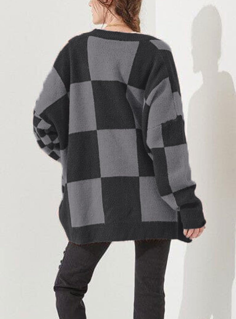 CHARTOU Women Slouchy Checkered Cardigan Oversized Open Front Cardigan Sweater Plaid Knit Outwear Coat(XX-Large,Grey) - Image 3