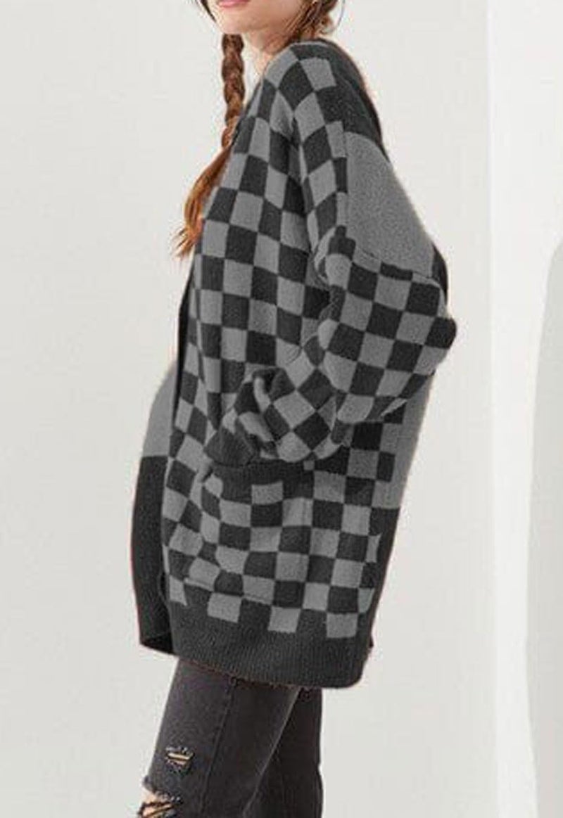 CHARTOU Women Slouchy Checkered Cardigan Oversized Open Front Cardigan Sweater Plaid Knit Outwear Coat(XX-Large,Grey) - Image 4