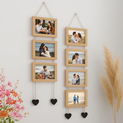 Stuthi Arts Hanging Photo Frame Collage Set, 5x7 inch, 7 Picture Frames with Heart Accents (Light oak) - Image 1