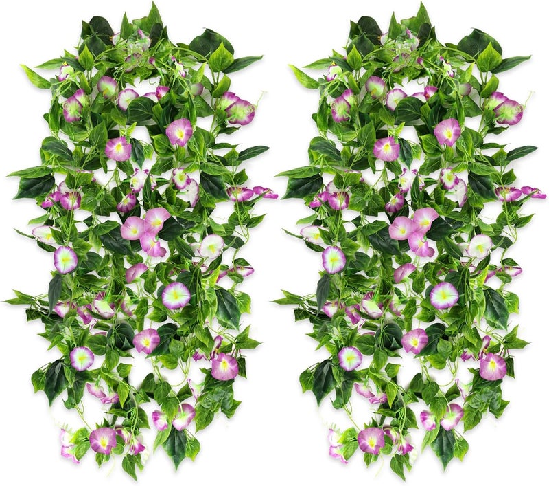 AirSun Artificial Morning Glory Flower Vines, 2pcs 15Feet Hanging Plants Silk Garland Fake Green Plant Home Garden Wall Fence Indoor Outdoor Wedding Birthday Decor (Purple) - Image 1