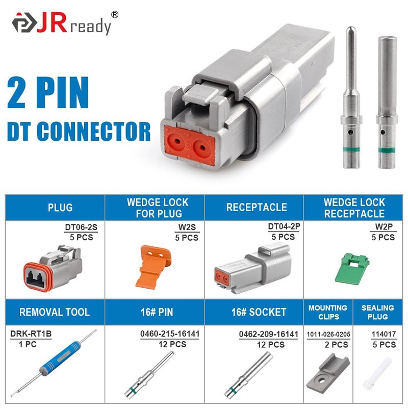 JRready Deutsch Connector 2 Pin Connector Kits with Size 16 Solid Contacts(14-20AWG), ST6328-2 DT Series Waterproof Connector 2 Pin 5 Sets and Deutsch Pin Removal Tool DRK-RT1B with Mounting Clips - Image 2