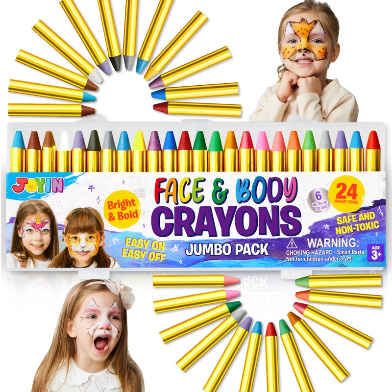 JOYIN 24 Colors Face Paint Safe & Non-Toxic Face and Body Crayons (Large Size 3 inch) Ultimate Party Pack Including 6 Metallic Colors for Birthday Toy Makeup Party Suppiles, Gifts for Kids Girls Boys - Image 1
