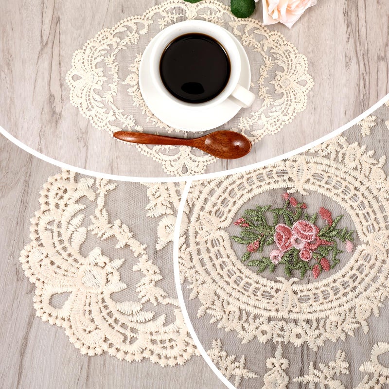 Tweruna 2PCS Lace Doilies for Tables, Lace Placemats Doilies for Tables Beige Embroidered Cup Mats Table Mats, Elegant and Retro for Desktop Decoration, Heat Insulation - Image 3