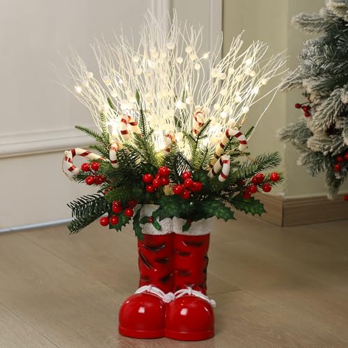 Vesici 25 Inch Christmas Santa Boots with Christmas Tree Artificial Xmas Tree Santa Boots Plant with Lights Berries Candy Cane Centerpiece Decoration for Home Office Porch Yard Indoor Holiday Decor - Image 1