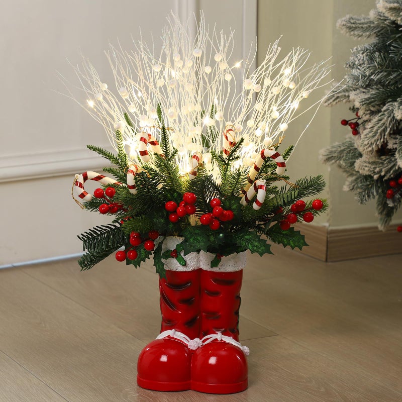 Vesici 25 Inch Christmas Santa Boots with Christmas Tree Artificial Xmas Tree Santa Boots Plant with Lights Berries Candy Cane Centerpiece Decoration for Home Office Porch Yard Indoor Holiday Decor - Image 2