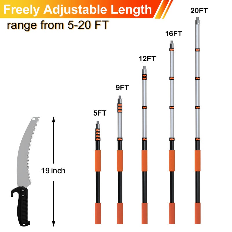 LAANPOLE 26FT Pole Saw, Telescoping Tree Trimmer with 5-20FT Extension Pole, Manual Branches Pruner for Backyard, Orange - Image 3