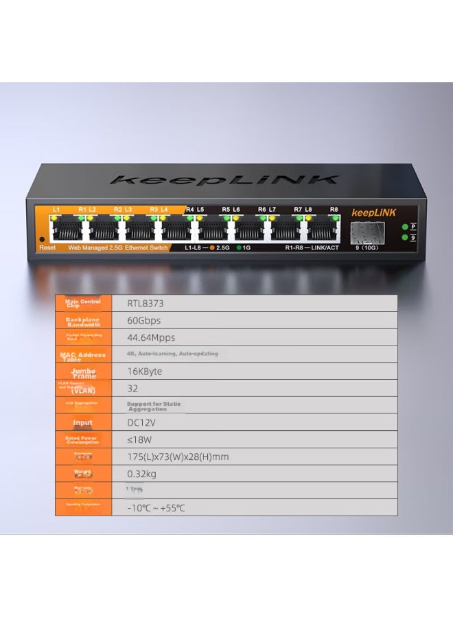 keepLiNK مفتاح كيبلينك Kp-9000 الذكي المدارة، 8 منافذ 2.5G + 1 منفذ 10G، يدعم تجميع المنافذ، تقسيم VLAN، متوافق مع مودم الألياف البصرية NAS - Image 1