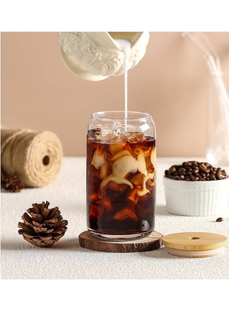 Drinking Glasses with Bamboo Lids and Glass Straw 4pcs Set - 16oz Can Shaped Glass Cups, Mocktail Glasses, Iced Coffee Glasses, Cute Tumbler Cup, Ideal for Cocktail,Gift - 2 Cleaning Brushes  - Image 3