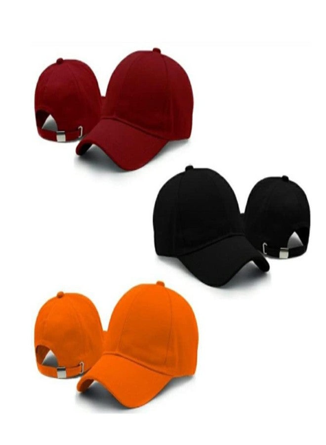 Malvina Combo of 3 Cotton Plain Baseball Cap with Adjustable Buckle for Boys & Girls Free Size (Maroon,Black & Orange) - Image 1