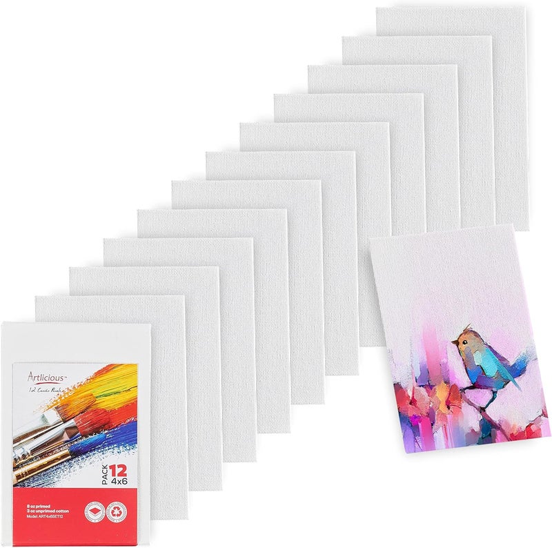 Artlicious Small Canvases for Painting - Pack of 12, 4 x 6 Inch Blank White Canvas Boards - 100% Cotton Art Panels Mini Canvas Bulk for Oil, Acrylic & Watercolor Small Canvas for Painting - Image 1