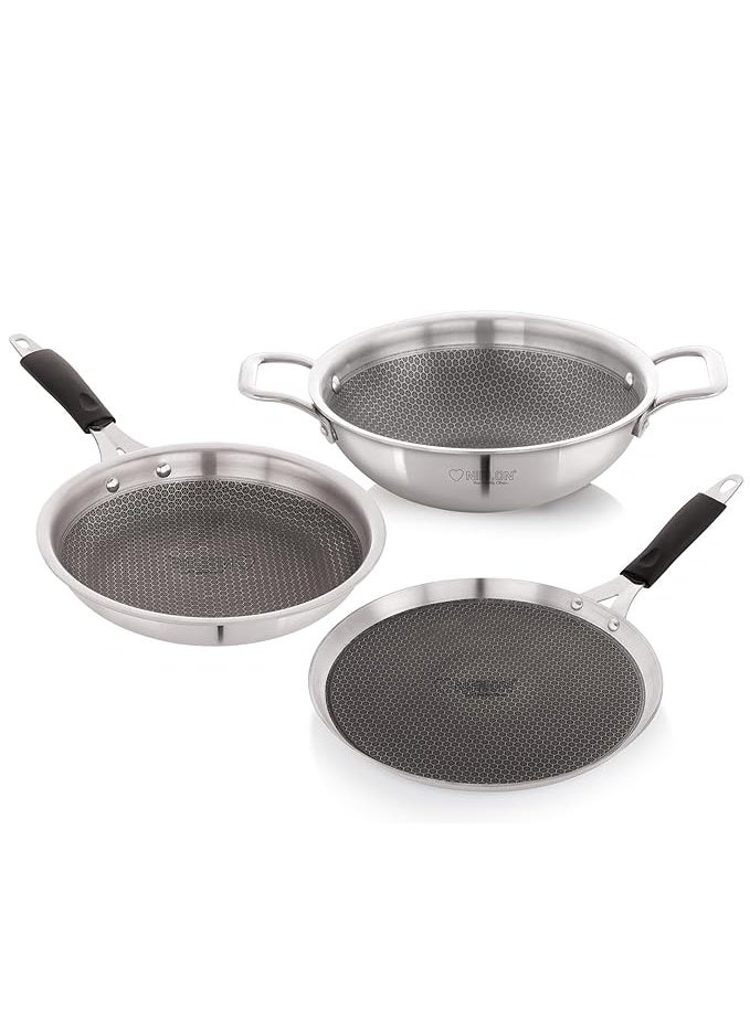 NIRLON Prima Honeycomb Stick Free Triply Stainless Steel Cookware Combo Set of 3Pc |Flat Tawa 29cm/Fry Pan 24cm 1.7Ltr/Deep Kadai 24cm 2.6Ltr|Induction and Gas Stove Friendly - Image 1