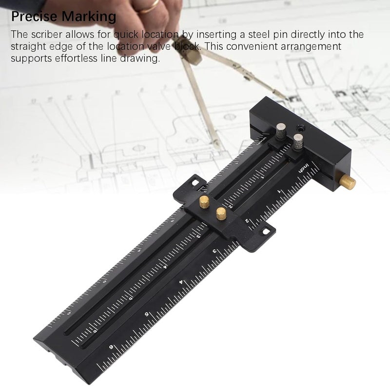 6in Woodworking Scriber with Limit Block, T Shaped Marking Line Ruler, Aluminum Alloy Parallel Vertical Double Line Drawing Aid with Retractable Pin for Woodworkers (Black) - Image 2