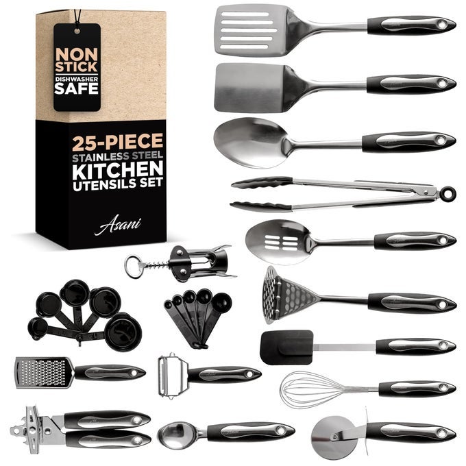 25PIECE STAINLESS STEEL KITCHEN UTENSIL SET NONSTICK COOKING GADGETS AND TOOLS KIT DURABLE DISHWASHERSAFE COOKWARE SET KITCHENWARE GIFT IDEA BEST NEW APARTMENT ESSENTIALS