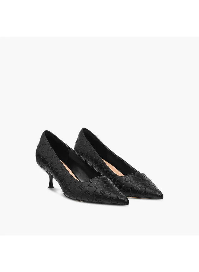 ELLE Women's Monogram Embroidered Slip-On Shoes with Kitten Heels