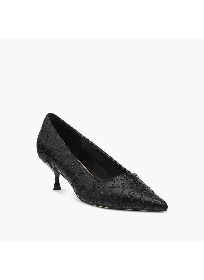 ELLE Women's Monogram Embroidered Slip-On Shoes with Kitten Heels