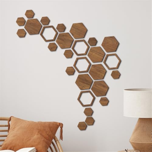 Xemz Wooden Hexagon Wall Art Decor, 27 PCS 3D Removable Hexagon Wall Stickers Honeycomb Decor, Wood Hexagon Wall Decor Panels DIY Hexagonal Wall Decals for Office Living Room Bedroom Home Wall Decoration - Image 3