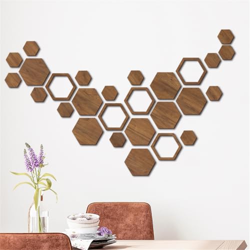 Xemz Wooden Hexagon Wall Art Decor, 27 PCS 3D Removable Hexagon Wall Stickers Honeycomb Decor, Wood Hexagon Wall Decor Panels DIY Hexagonal Wall Decals for Office Living Room Bedroom Home Wall Decoration - Image 4