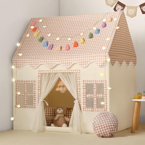 Senodeer Kids Play Tent Indoor with Brown Checkered Mat Rainbow Tissue Garland Star Lights Girl Tent Indoor Playhouse for Girls Kids Toys for Boy Girl Birthday Gift for Kids - Image 1