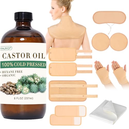 YHOVID 13 Pcs Castor Oil Pack Wrap Organic Cold Pressed Unrefined Glass Bottle for Liver Detox Stomach Neck Knee Foot Entire Body Organic Cotton Reusable Pads Kit for HotCold Compress - Image 2