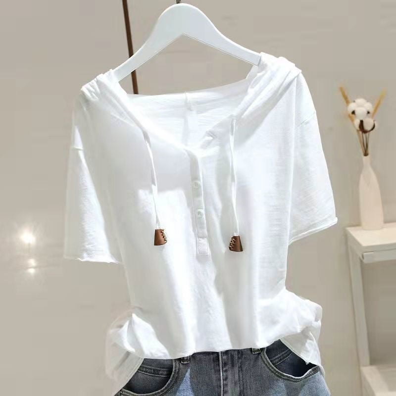 2024 Hooded Short Sleeve T-Shirt Womens Casual Slim-Fit Top White 