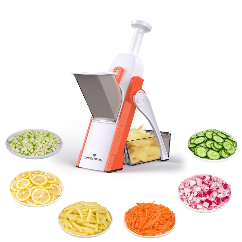 ONCE FOR ALL Safe Mandoline Slicer 5 in 1 Vegetable Cutter Strips Julienne Dicer Adjustable Thickness 018 mm for Kitench Fast Meal Prep Orange