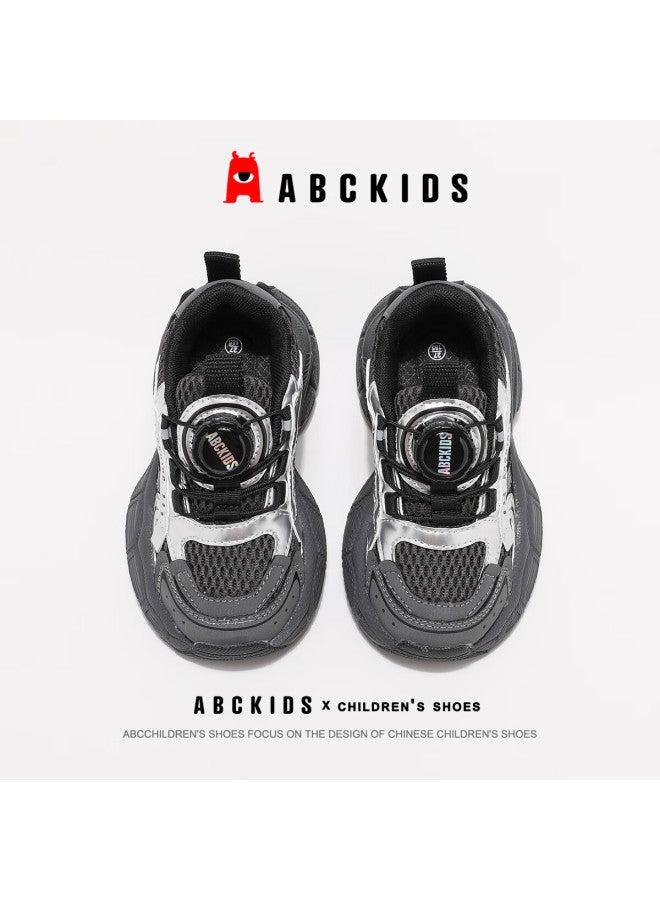 Abc Kids Boys And Girls Autumn Running Shoes Breathable Mesh Versatile Sneakers With Rotary Buckle Fashion Casual Shoes, Black And Silver, Size 36 - Image 3