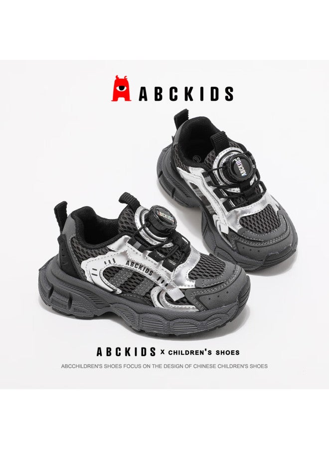 Abc Kids Boys And Girls Autumn Running Shoes Breathable Mesh Versatile Sneakers With Rotary Buckle Fashion Casual Shoes, Black And Silver, Size 36 - Image 4