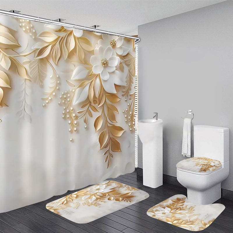 Chrainy 4Pcs Golden Leaves Shower Curtain Sets White Flowers Floral Bathroom Accessories Set Plant Modern Waterproof Bathroom Decor with Rugs and 12 Hooks - Image 1