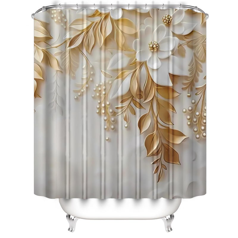 Chrainy 4Pcs Golden Leaves Shower Curtain Sets White Flowers Floral Bathroom Accessories Set Plant Modern Waterproof Bathroom Decor with Rugs and 12 Hooks - Image 3