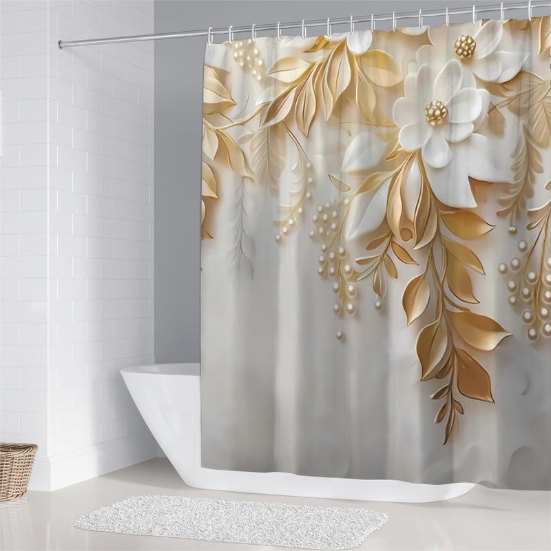 Chrainy 4Pcs Golden Leaves Shower Curtain Sets White Flowers Floral Bathroom Accessories Set Plant Modern Waterproof Bathroom Decor with Rugs and 12 Hooks - Image 2