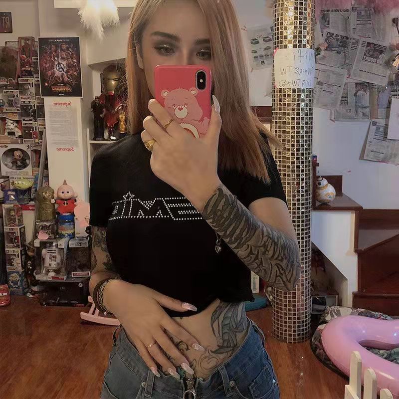 2022 Real Shot European and American Style T-Shirt Women's Short Sleeve Loose T-Shirt Women's Simple Hot Drilling t-shirt - Image 5