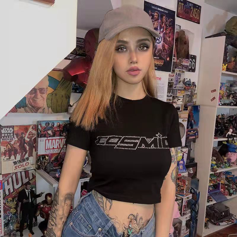 2022 Real Shot European and American Style T-Shirt Women's Short Sleeve Loose T-Shirt Women's Simple Hot Drilling t-shirt - Image 2