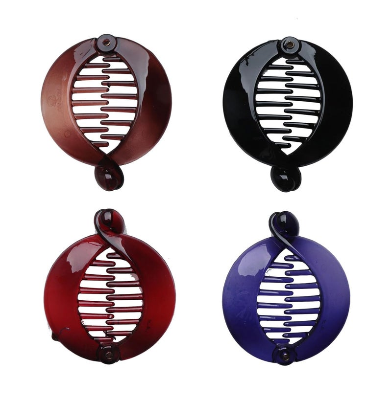SOWAKA 4 Pcs Banana Hair Clips French Round Plastic Non Slip Fishtail Small Cute Interlocking Flat Shark Hair Clincher Ponytail Holder for Women Thick Thin Fine Hair (Solid)