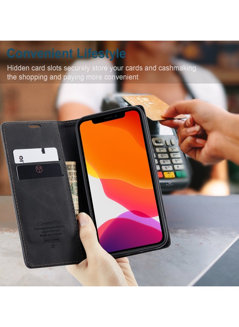 CaseMe Phone Case Luxury PU Leather Design 013 Flip Cover Card Slot Holder Cover For IPhone 12 Pro Max (Black)  - Image 3