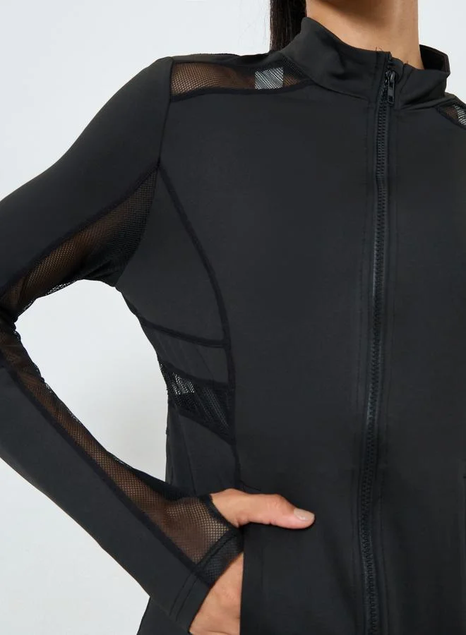 Styli Active  Open Net Mesh Insert Pocket Zipped Thumbhole Jacket for Women | Best Price UAE