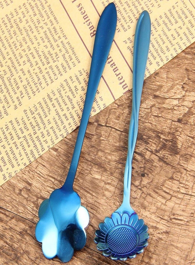 Litvibes Set of 4 Stainless Steel Creative Tableware Flower Dessert Spoon,Coffee,Sugar,Mixing,Tea,Stirring,Cake & Ice Cream Spoon,Stir bar Set - Blue (Random) - Image 5