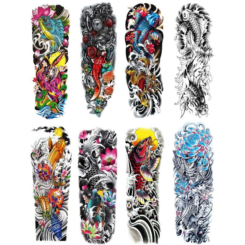 Fake Fish Sleeve Tattoo Stickers Full Arm Fish Flower Temporary Tattoos Sleeves for Adult Kids Women Makeup8Sheet