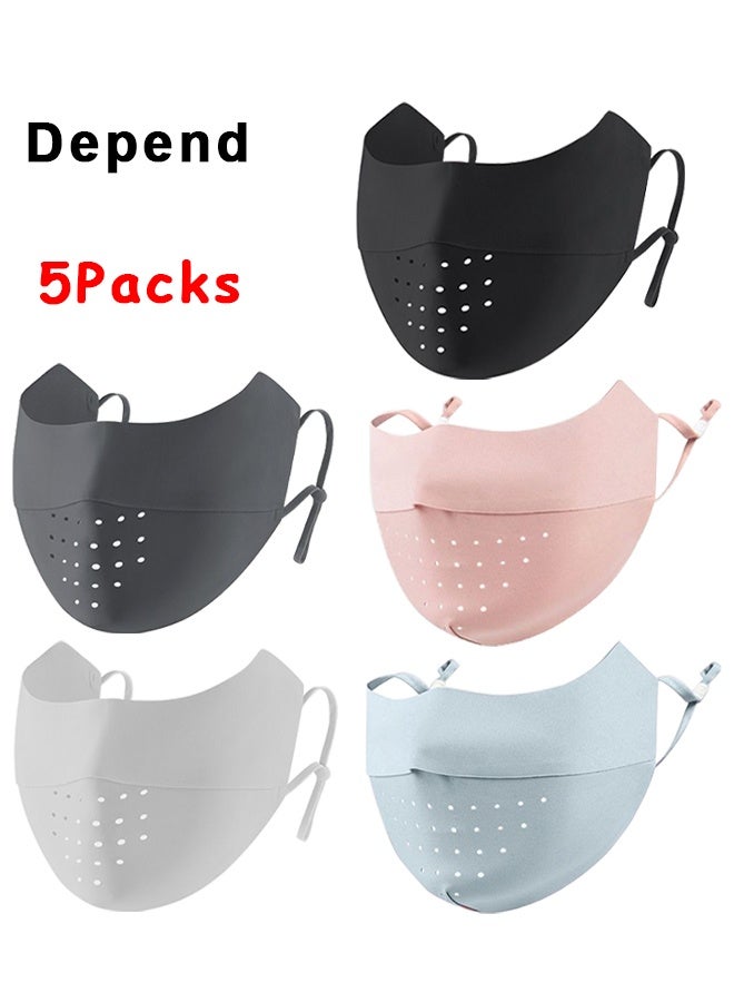 Depend 5Pcs Breathable Ice Silk Face Masks Set, UPF 50+ Face Mask For Sun Protection, Breathable Motorcycle Golf Ice Silk Mask With Adjustable Ear Loops Washable And Reusable For Men And Women (Black, Pink, Blue, Gray, Light Gray) - Image 1