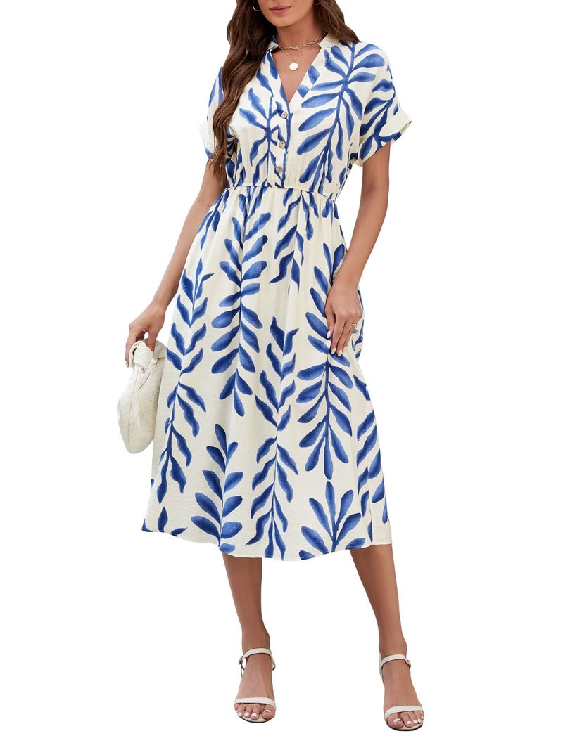 SEAFORM Women's Casual Long Dress V-Neck Retro Floral Print Dresses Elegant Long Fitted Dress for Women with Flowy Hemlines - Image 1