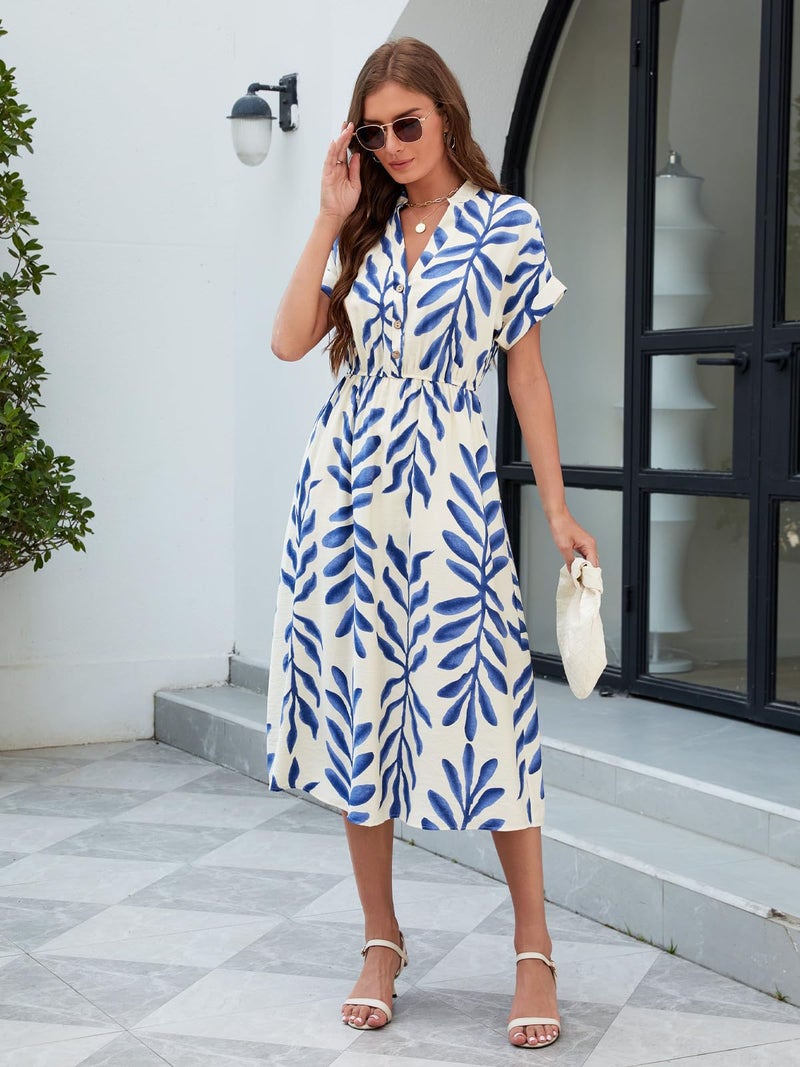 SEAFORM Women's Casual Long Dress V-Neck Retro Floral Print Dresses Elegant Long Fitted Dress for Women with Flowy Hemlines - Image 2
