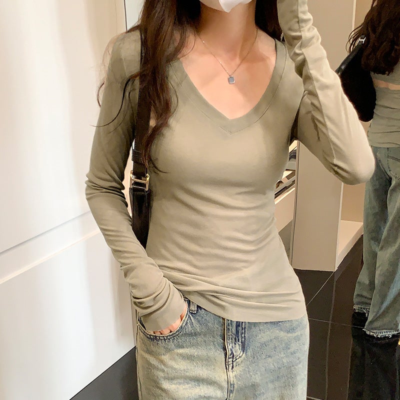 Real shot hot girl new hollow waist V-neck long sleeve T-shirt slim all-match stretch thin solid color sunscreen top Grey - Image 2
