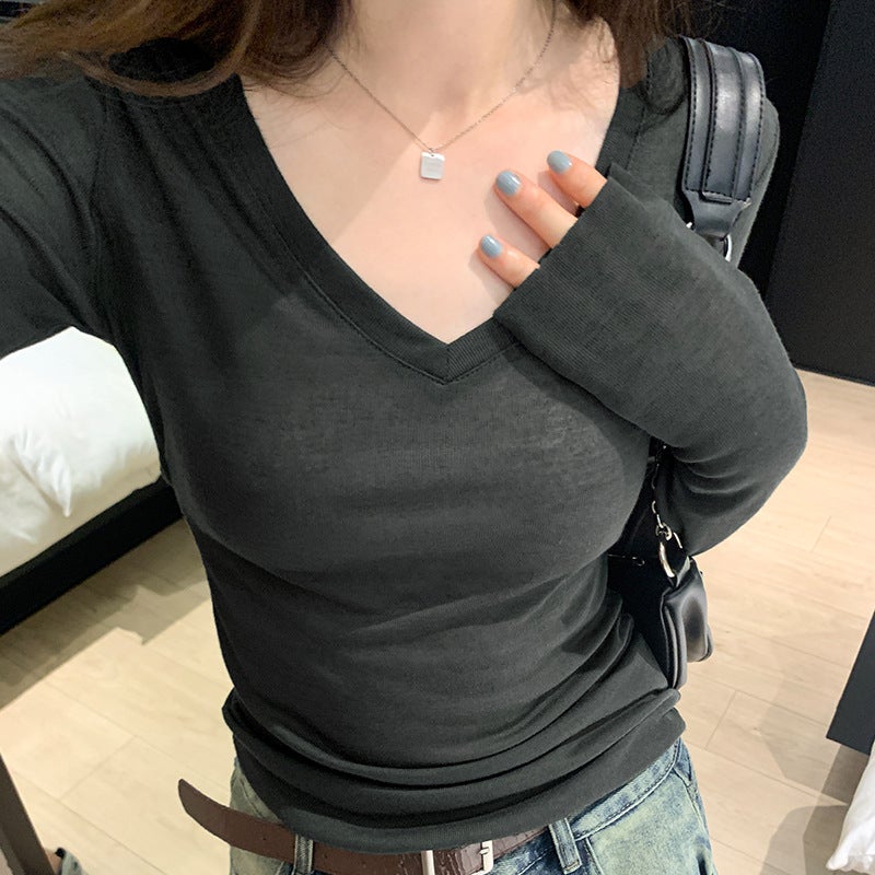 Real shot hot girl new hollow waist V-neck long sleeve T-shirt slim all-match stretch thin solid color sunscreen top Grey - Image 1