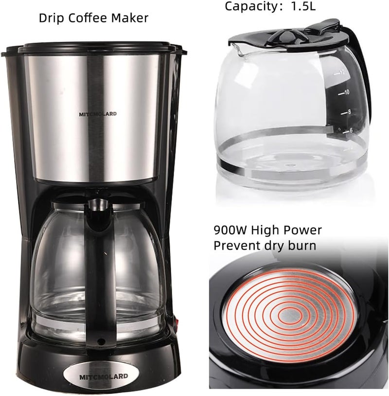 MITCMOLARD Drip Coffee Machine, 1.5 L Filter Coffee Maker 12 Cup Capacity, Anti Drip | Black American Coffee Machine, 900 W, Automatic Shut-off, Boil Dry Protection, Keep Warm Function - Image 3