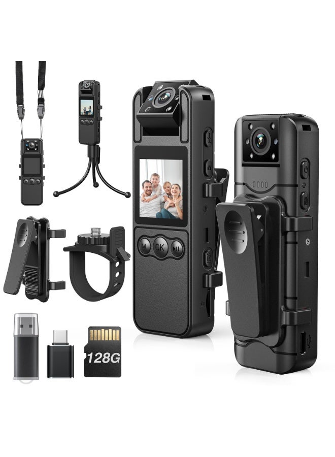 WALALLA Body Camera with Audio and Video Recording, 128GB Small Body Cam with 180° Rotating Lens, 6HR Battery Night Vision, Wearable Camera for Pet, Home, Office