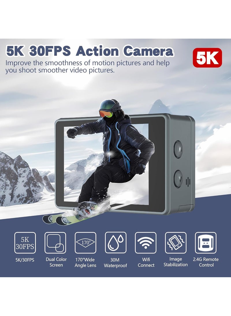 Action Camera WiFi, Action Cameras With 32GB SD Card, Dual Screen Sports Camera, Pocket Cam Video 5K 30FPS, Photo 50MP, Waterproof Camera Underwater 100FT, Vlog Camera 5X Digital Zoom, 170 ° Ultra W - Image 2
