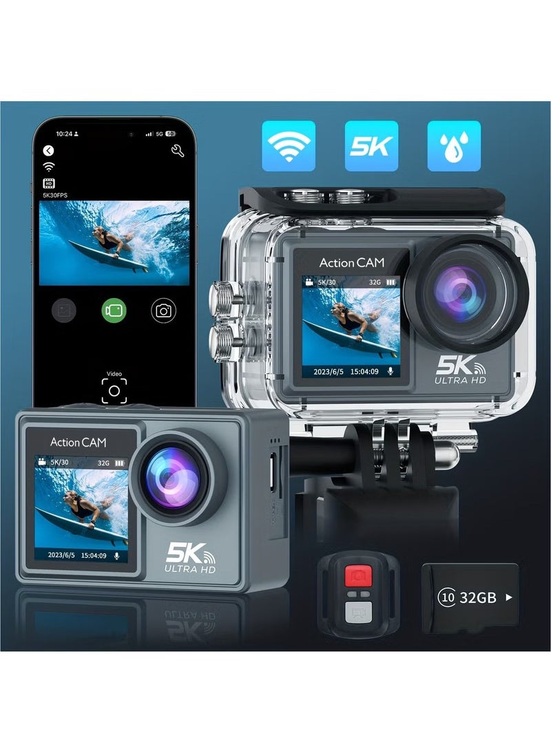 Action Camera WiFi, Action Cameras With 32GB SD Card, Dual Screen Sports Camera, Pocket Cam Video 5K 30FPS, Photo 50MP, Waterproof Camera Underwater 100FT, Vlog Camera 5X Digital Zoom, 170 ° Ultra W - Image 1