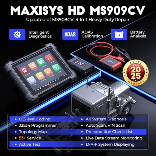 Autel 2025 Autel MaxiSys MS909CV Truck Scanner: Top Heavy Duty Truck Tool for Semi Commercial Cars, Updated of MS908CV with Intelligent Diagnosis, Topology, J2534 ECU Coding, 53+ Services, Active Test - Image 2