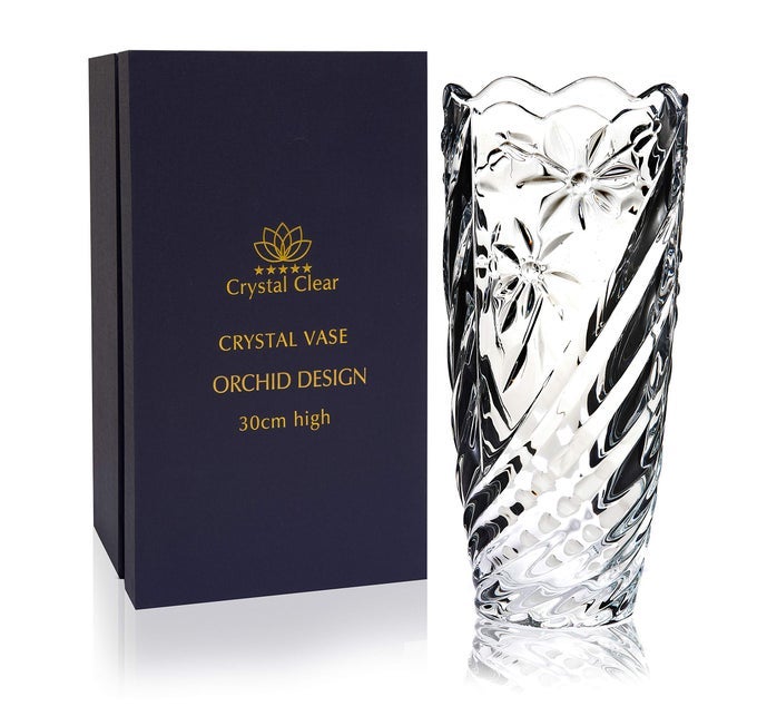 CRYSTAL VASE 30CM HIGH FOR FLOWERS DECOR ORCHID DESIGN ETERNAL LOVE FOR HOME NICE SHINY ADORABLE SUITABLE FOR ALL OCCASIONS PERFECT AS A GIFT